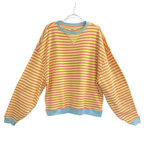 New Free People Classic Striped Oversized Crewneck In Orange Combo Women's Sz M - Picture 3 of 7
